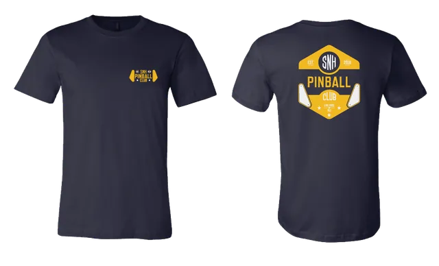 Southern New Hampshire Pinball Club t-shirt in blue showing front and back