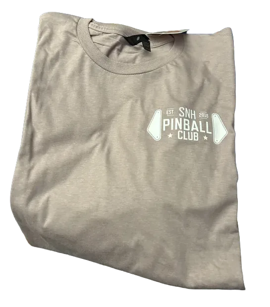 Southern New Hampshire Pinball Club t-shirt in tan
